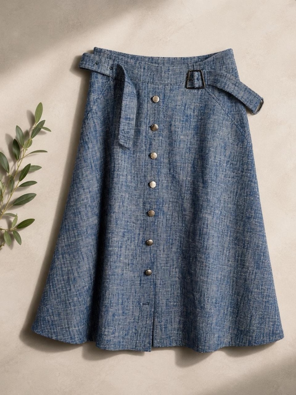 Akris Blue Textured Button Front A Line Skirt Waist Belt
